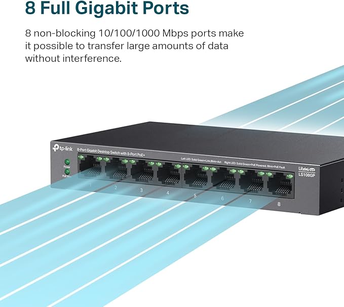 TP-Link LS108GP | 8 Port PoE Gigabit Ethernet Switch | 8 PoE+ Port @ 62W | Plug & Play | Extend Mode | PoE Auto Recovery | Desktop/Wall Mount | Silent Operation