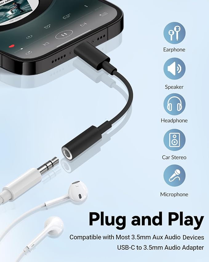 Seulliya USB C to 3.5mm Headphone Jack Adapter for iPhone 15/16 Pro/Max, Hi-Res Audio DAC Dongle, 3.5mm Aux Cord Converter for Samsung Galaxy, iPad, Car, USB-C Devices 10Pack Black