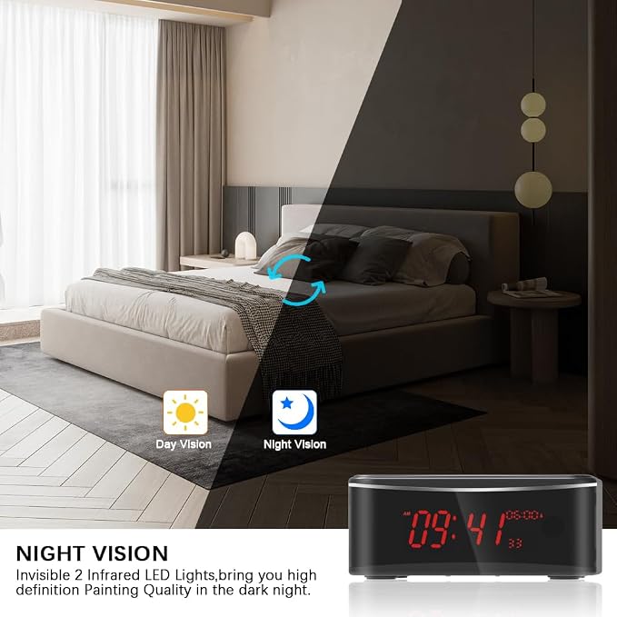 Hidden Camera Motion Activated/Stronger Night Vision/160°View Angle/HD 1080P,Indoor WiFi Camera with Bluetooth Speaker,Alarm Clock,Wireless/Wire Charger(2.4/5Ghz)