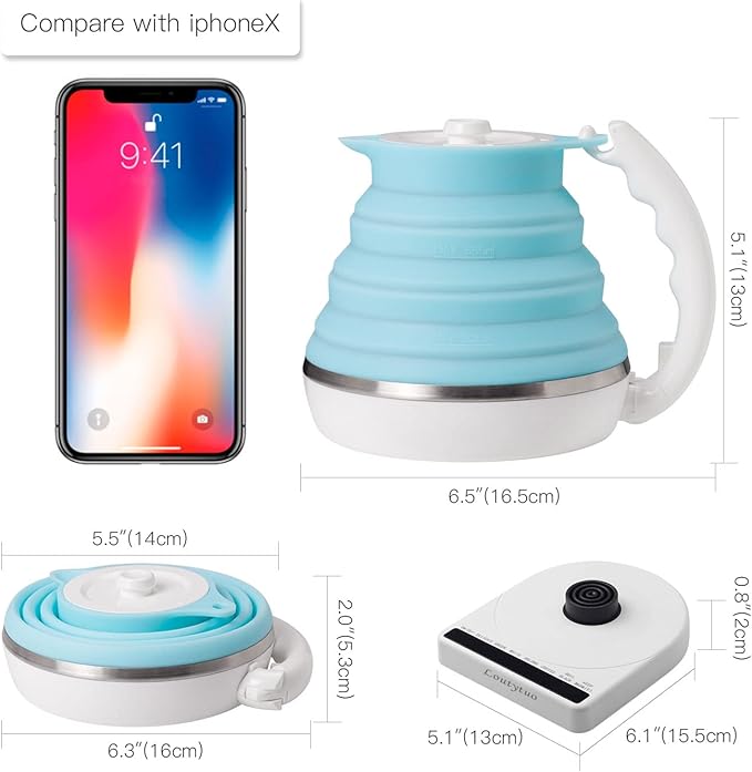 Ultrathin Food Grade Silicone Travel Foldable Electric Kettle Variable Temperature Control with Dual Voltage, Auto Shutoff & Boil Dry Protection & Keep Warm, 555ML 110-220V US Plug (Blue)