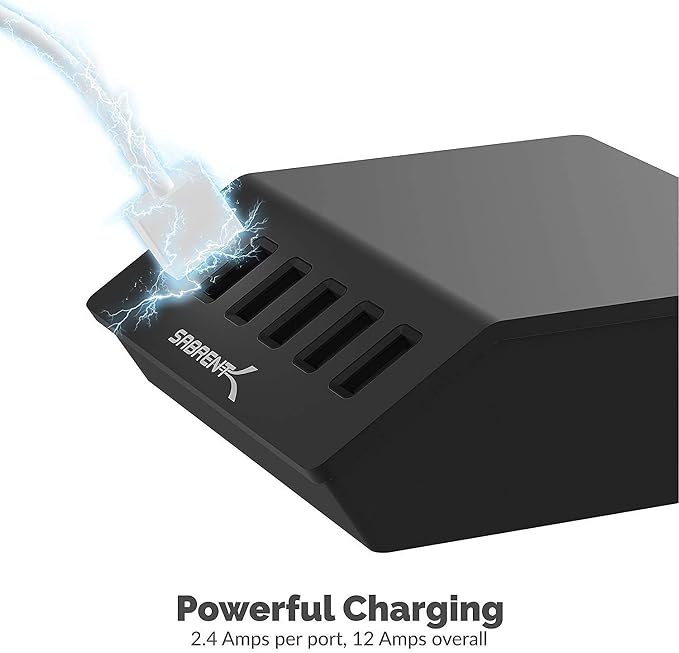 Premium 60 Watt (12 Amp) 6 Port Aluminum Family Sized Desktop USB Rapid Charger.+[3-Pack 22AWG Premium High Speed 3ft USB-C to USB A 3.2 Charge Cables Fast Sync