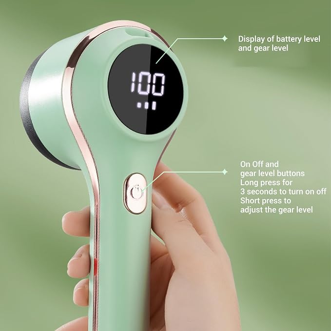 Rechargeable Electric Fabric Shaver with LED Display, 3-Speed Lint Remover for Clothes and Furniture, 6-Blade Portable Sweater Defuzzer, Battery-Powered Fuzz Remover - Green