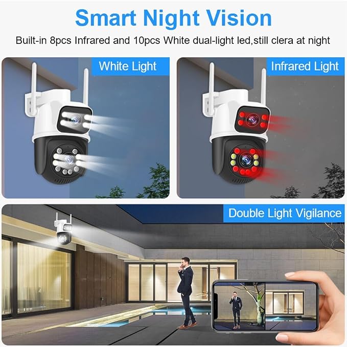 PTZ 2.4G/5G WiFi Outdoor security wireless 2X3MP Dual Lens Linkage Human Detect Pan tilt Digital zoom Auto Tracking Home Surveillance Camera 2-way audio 10M color night vision cable to outlet ICsee