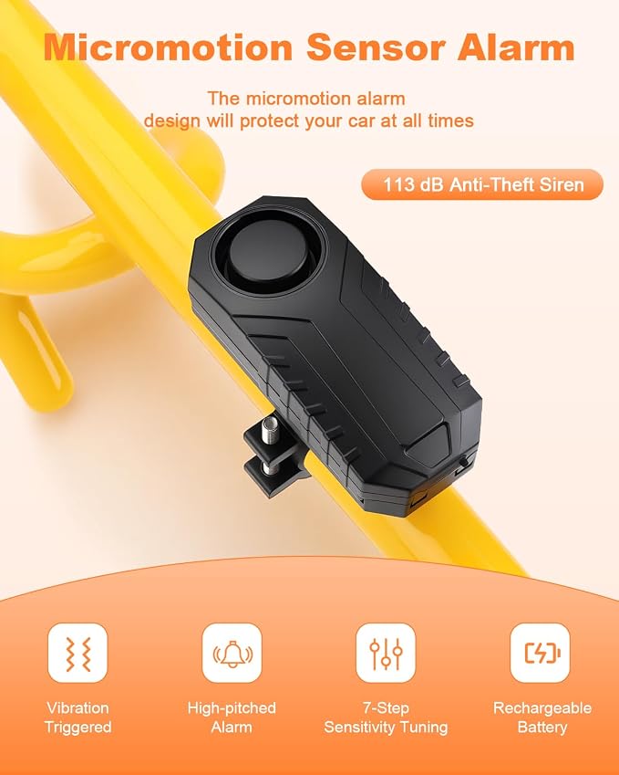 ELECTOP Steering Wheel Lock with Alarm 113db Anti Theft Car Device Double Hooks Car Lock with Adjustable Locking and 2 Key Car Alarm System with Motion Sensor Universal Fit for Vehicle Truck Van SUV