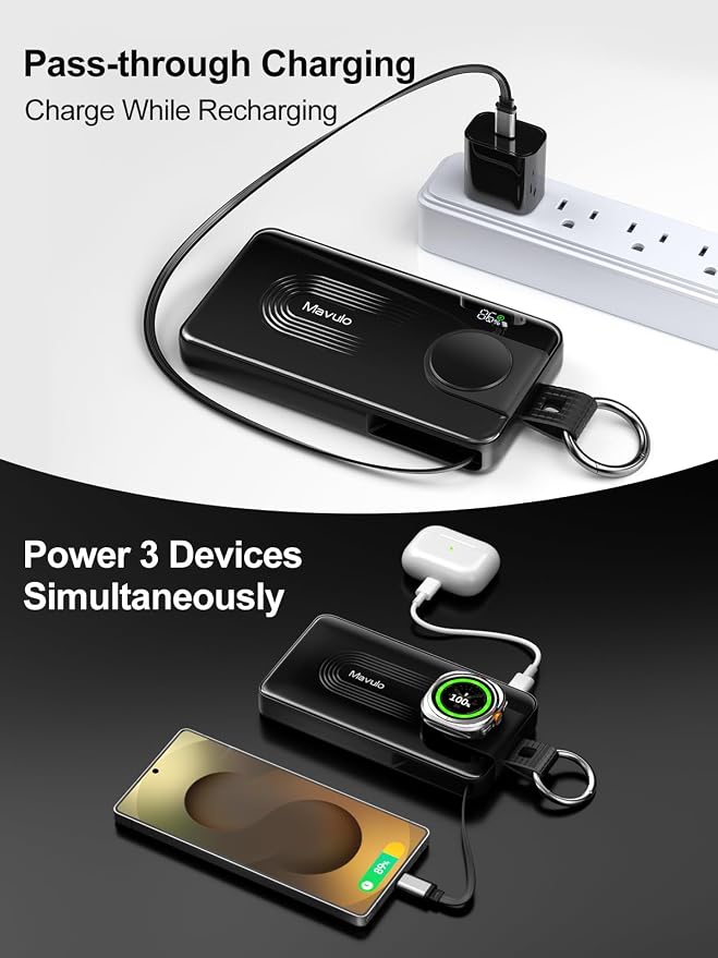 Mavulo 3-in-1 Portable Charger 10000mAh Power Bank for Samsung Galaxy Watch, Retractable USB-C Cable, 20W PD Fast Charging, LED Display & Keychain Battery Pack for iPhone 17/16/15 Air Pro Max Plus/S26
