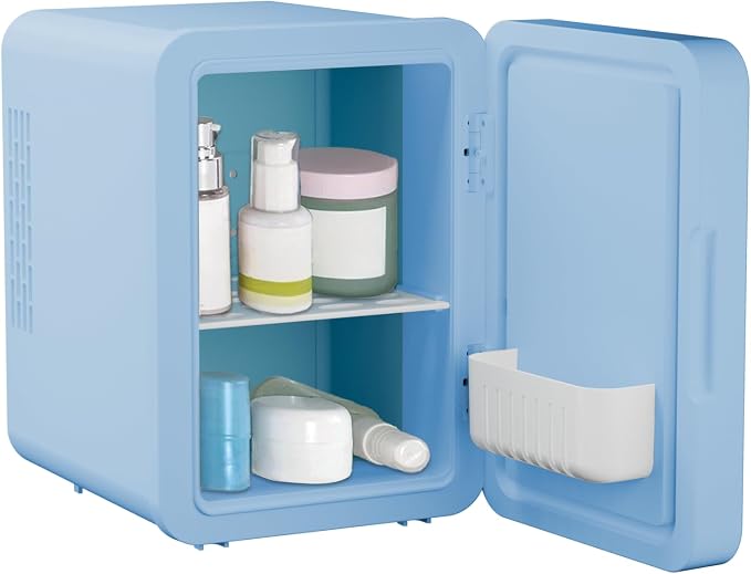 ELLE 4L Mini Cooler Fridge with LED Makeup Mirror for Skincare & Cosmetic Storage Cooler & Warmer Removable Shelf Carrying Handle AC DC Power Options Small Refrigerator for Bedroom Car Office Blue