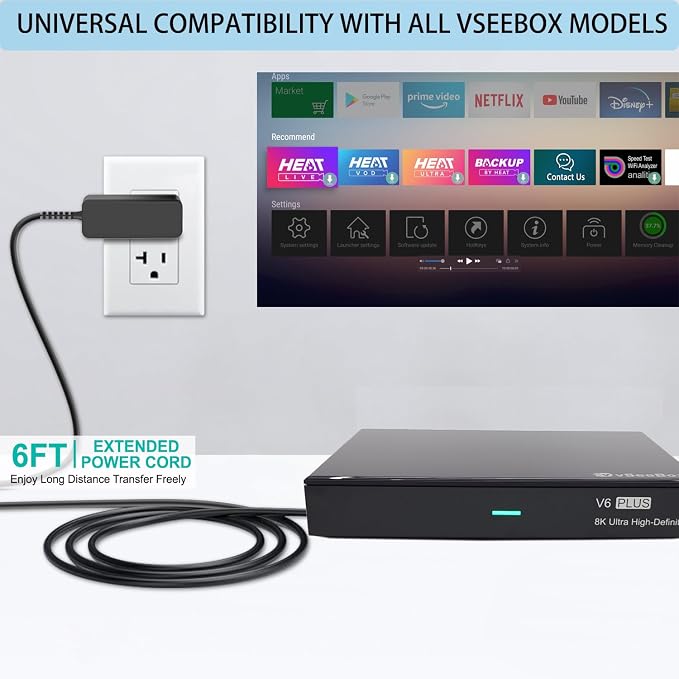 UL Listed 5V AC/DC Adapter Charger Compatible with vSeeBox V6 Plus / V6 Max/Elite Ultra/Elite Mini v6Plus v6Max 2025 Smart Android TV Box 8K HDR Media Player Power Supply Cord Cable Plug