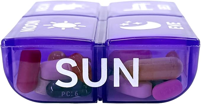 Large Weekly Pill Organizer 4 Times a Day – 7 Day Color-Coded Pill Boxes with Larger Compartments, Secure Snap-in Tray, BPA Free, Medical Alert Card Included (4X a Day - 1 Pack)
