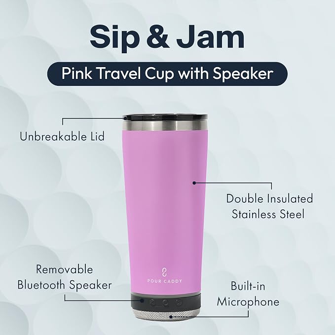 Vibe 18 oz Tumbler with Bluetooth Speaker, Insulated Stainless Steel Travel Cup with Lid, Hot & Cold Drink Beverage Container, Built-In Speaker, Rubber Base, Pink