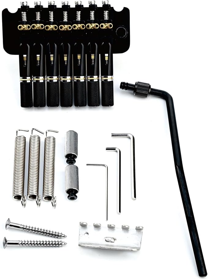 10.5mm 7-String Headless Electric Guitar Bridge, 2 point tremolo bridge - Brass Block Saddle Hardened Steel Plate,Fit for 7 String Headless Electric Guitar Replacement parts（All Black）