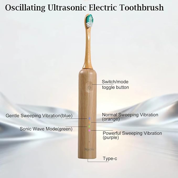 Oscillating Ultrasonic Electric Toothbrush with Bamboo Brush Heads (5 Pack), Sweeping & Vibrating,Type-C Rechargeable, IPX7 Waterproof, 4 Modes for Optimal Oral Care - Perfect Holiday Gift