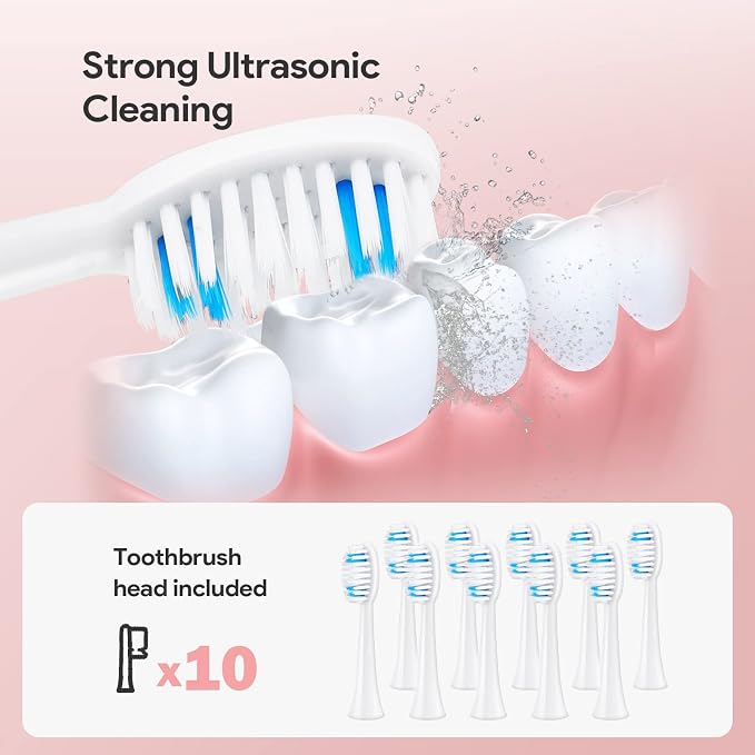 Dnil 2-Pack Rechargeable Sonic Toothbrush for Adults, Long-Lasting Battery Operated, 35,000 VPM Fast Brushing, Includes 10 Brush Heads and 5 Mode Options for Personalized Oral Care (White & Pink)