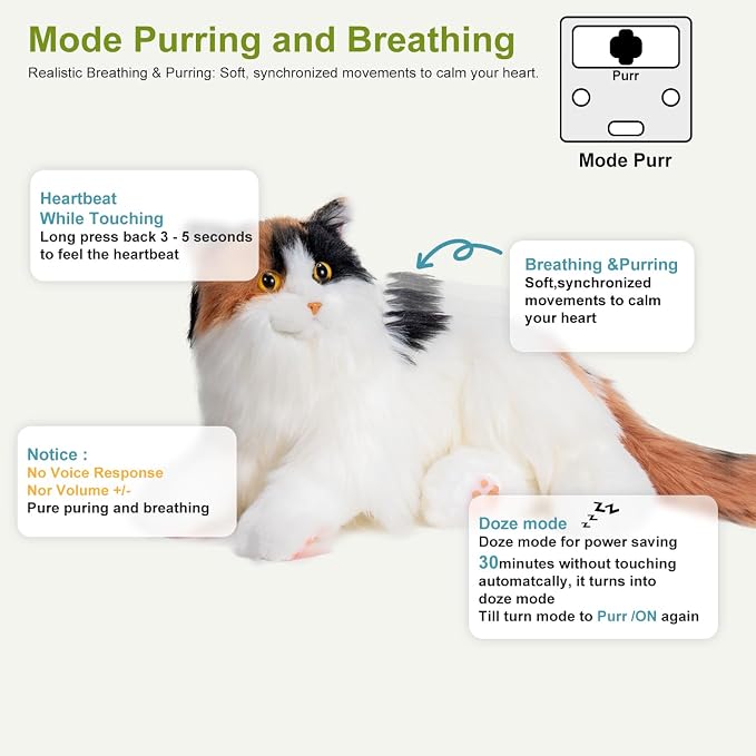 Chongker Interactive Companion Robot Cat, Weighted Breathing Stuffed Animals, Cat Plush Toy with Meow Voice, Breathing, Response, Realistic Heartbeat and Purring (Dark Calico Cat)