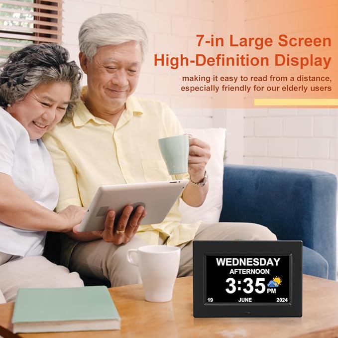 AINFTIME DST Digital Clock with Date and Day of Week for Elderly-12 Alarms Medication Reminder Dementia Alzheimers Clock Calendar with Extra Large Display (7 inch Black)