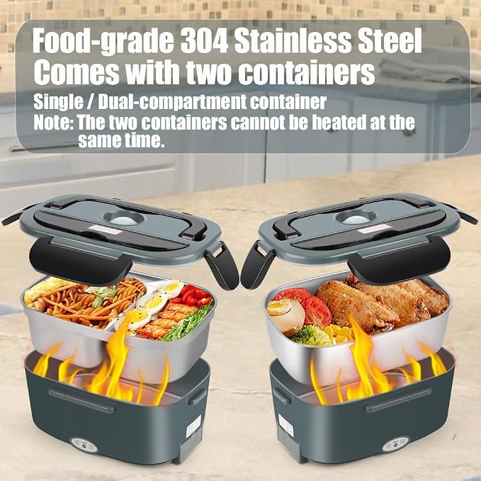 Electric Lunch Box for Adults - 1.5L Single/Double Layer Stainless Steel Food Warmer - 80W Fast PTC Heated Lunchbox, 12V/24V/110V Portable Food Heater for Car&Truck, Office, Camping, Travel(Gray)