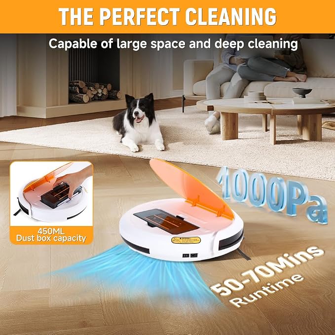 Hoteche Robotic Vacuum Cleaner with 450ML Dustbin, Auto Zigzag Cleaning, Gyroscope Navigation, 1000PA Suction, Fall-Arrest & Anti-Collision