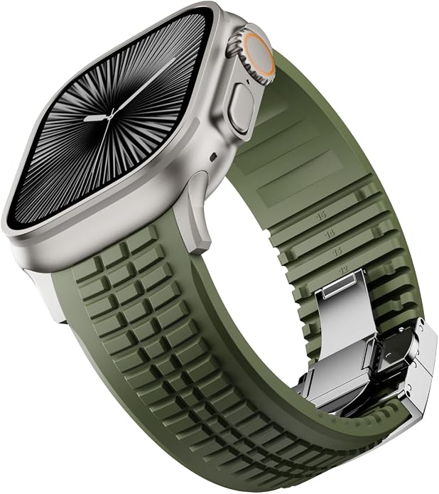 Silicone Watch Band Compatible with iWatch Ultra 2 / Ultra/Series 10 9 8 7 (44mm 45mm 46mm 49mm), Sport bands with Folding buckle, Rugged Heavy Duty Modern Design for Men