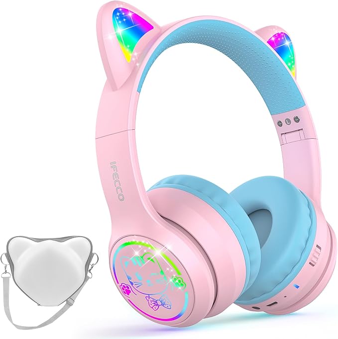IFECCO Kids Wireless Headphones with Case,Cute LED Light Up Cat Ear Children Girls Bluetooth 6.0 Headphones Volume-limiting for School iPad Tablet Gifts