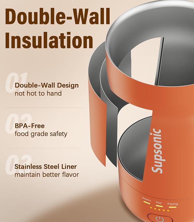 Supsonic - 14oz Heated Coffee Mug, Self-Heating Travel Mug with 3-Temp Settings, Insulated Stainless Steel Constant Temperature Heating Mug for Beverage, Smart Heating Portable Coffee Mug | S1