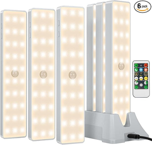Racokky Under Cabinet Lights with Charging Station, 6 Pcs Rechargeable Motion Sensor Closet Lighting, Dimmable RV Step Lights Stick-Anywhere LED Night Bar for Kitchen, Wardrobe, Stairs(Warm)