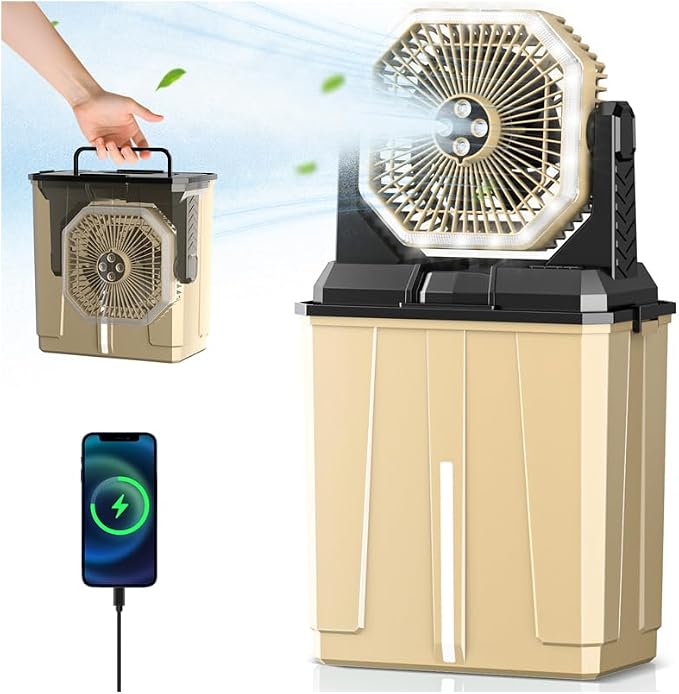 Portable Misting Fan, 24000mAh Camping Fan with 8L Bucket, 12Hrs Mist Rechargeable Fans, 60‌Hrs Cooling Battery Powered Fans with 2 Spray Modes, 3 Winds, 68LED Lights for Outdoor Garden, Worksites
