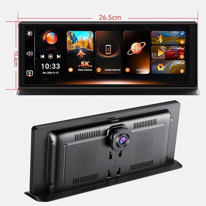 K80 Wireless Carplay & Android Auto with Dash Cam- 11.3" HD IPS Touch Car Play Screen for Car, 5K Front & 1080P Rear Camera, Loop Recording, Bluetooth Audio, Mirror Link, GPS, Siri