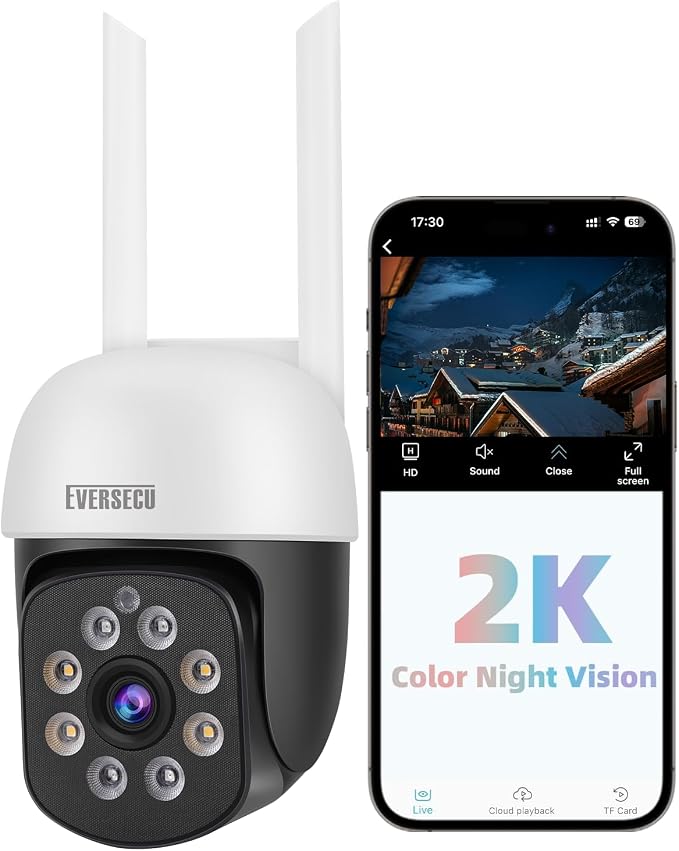 EVERSECU 2K 3.0MP Outdoor WiFi PTZ Security Camera, 2.4G WiFi, Auto Tracking, 2 Way Audio, Color & Infrared Night Vision, Work with Alexa, SD Card & Cloud Storage, Motion Detection/Siren/Light Alarm
