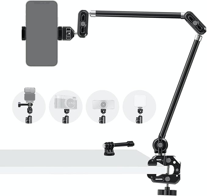 NEEWER 30" Articulating Magic Arm with Super Clamp/Action Cam Mount/Phone Holder, Overhead Camera Desk Mount Mic Boom Stand, Compatible with GoPro iPhone DSLR Webcam Microphone Video Recording, UA056