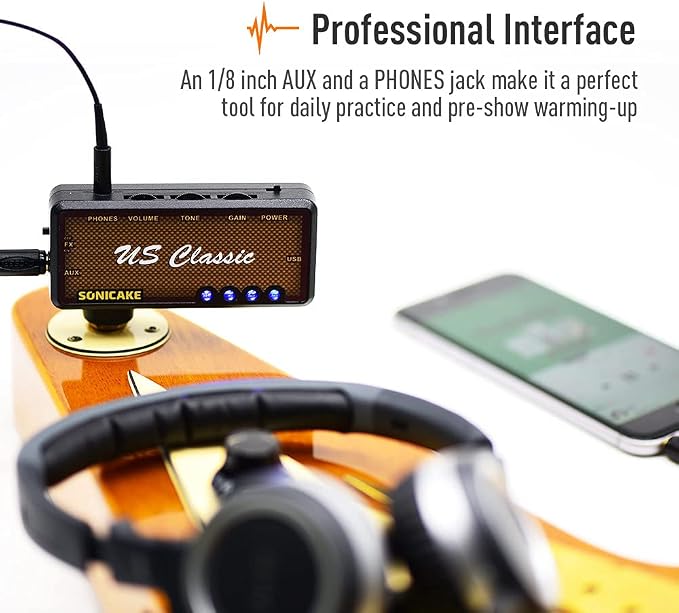 SONICAKE Guitar Headphone Amp Mini Guitar Headphone Amplifier US Classic Rechargeable Plug-in Pocket Overdrive Reverb Effects for Home Silent Practice