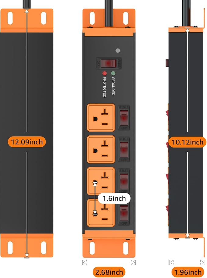 CCCEI Heavy Duty Surge Protector Power Strip 20 Amp Individual Switches. 25FT 12 Gauge Extension Cord with Multiple Outlets. Kitchen, Garage, Shop, Industrial Wall Mount Electric Extender, Orange.