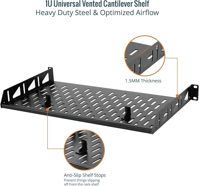 Tecmojo 1U Rack Shelf,19 inch Rack Shelf 10 inch Depth,Rack Mount Shelf with Anti-Slip Stops,Server Rack Shelf and Network Shelf for 19 in Equipments, 55lbs Capacity of Vented 1U Shelf,No Lip(2 Pack)