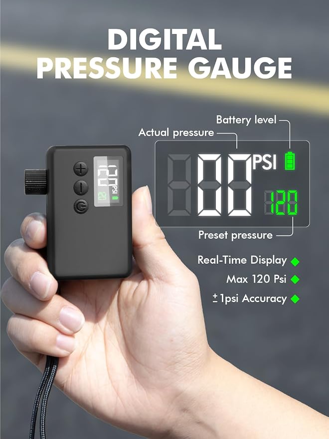 GPUTEK Mini Bike Tire Air Pump: Fast Inflate Portable Small Bicycle Electric Pump for Presta and Schrader Valves, 120 Psi High Pressure Pump with Digital Gauge for Road Bike, Mountain Bike, E-Bike