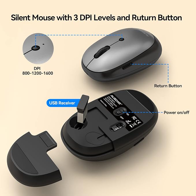 AUSDOM Wireless Keyboard and Mouse Combo, Cordless Quiet Keyboard Mouse Set, Rechargeable Slim Silent Full Size Keyboard with 3 DPI Adjustable Mouse, Ultra-Thin for Windows, Laptop, Black Gray