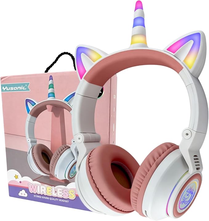 Upgrade Unicorn Headphones for Girls, Kids Bluetooth Wireless Headphones with 7 Colour Flash Light, 93dB Volume Limited, for Toddlers Tablet/iPad/Amazon Fire, Birthday Gifts, (White Pink)