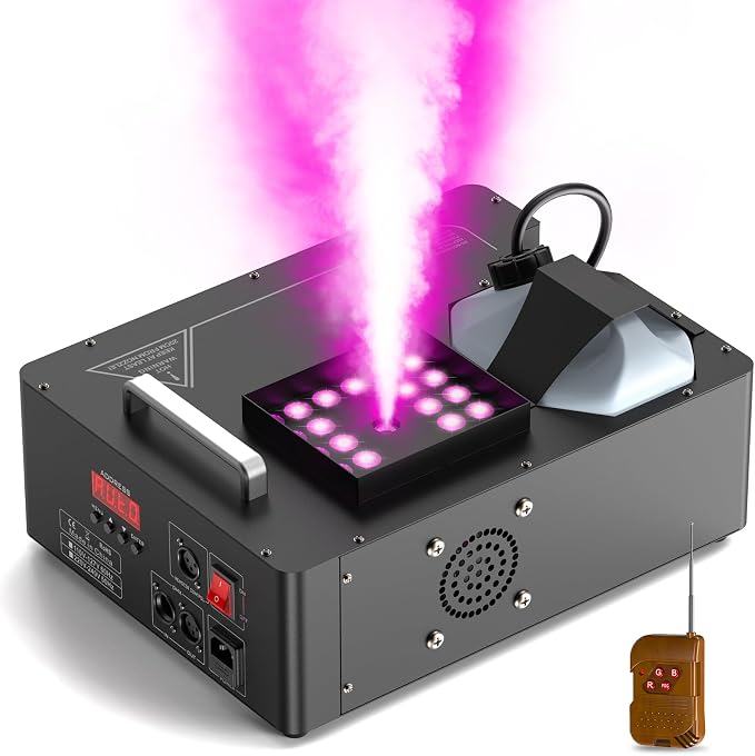 1500W Fog Machine with Lights 24 RGB LED Stage Smoke Machine Vertical Halloween Smoke Machine DMX/Wireless/Manual Control 2.5 Liters with 20000 CFM for Wedding Christmas Party Outdoor Indoor