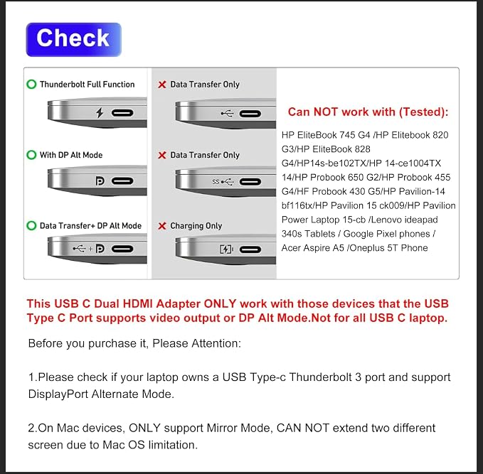 Docking Station Dual Monitor for Dell/HP/Lenovo/Mac Laptop, USB C Laptop Docking Station Dual Monitor, Dual HDMI Adapter for 2 Monitors, 8 in 1 USB C Hub Multiport Adapter with HDMI/USB/PD/SD/TF