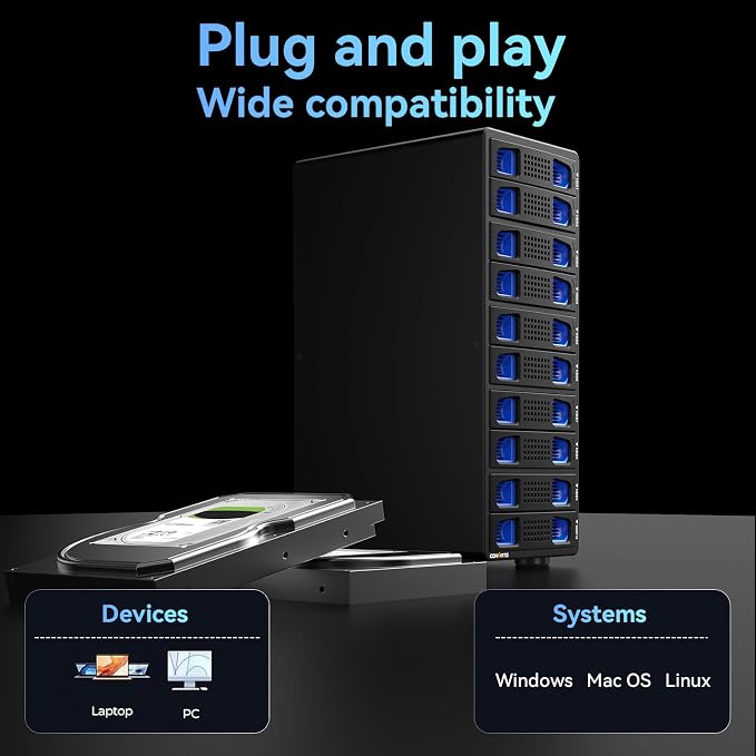 CENMATE Aluminum 10 Bay Hard Drive RAID Enclosure with Cooling Fan for 2.5/3.5" SATA HDD/SSD with USB A/C 3.0＋eSATA Cable, 3.5 Hard Drive Enclosure Supports 160TB Capacity, 8 RAID Modes, DAS(NO NAS)