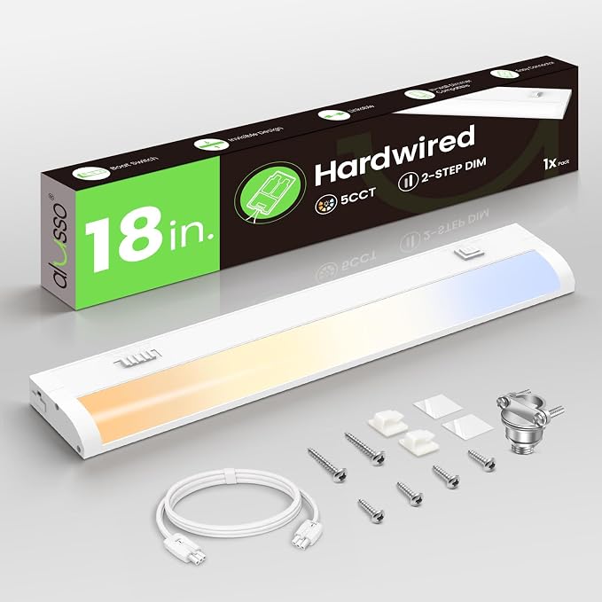 ALUSSO 18 Inch LED Under Cabinet Lighting Hardwired 120V, 5CCT Color Selectable 2700K-5000K Dimmable 10W 800LM High Brightness, CRI 90+ Strip Linkable Under Counter Lights for Kitchen Sink, 1 Pack