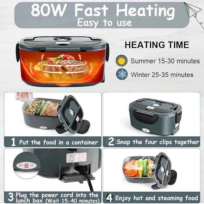 Electric Lunch Box for Adults - 1.5L Single/Double Layer Stainless Steel Food Warmer - 80W Fast PTC Heated Lunchbox, 12V/24V/110V Portable Food Heater for Car&Truck, Office, Camping, Travel(Gray)