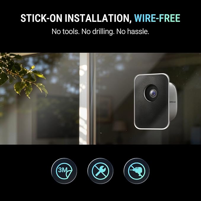 No Drill Window Security Camera, 2.5K 4MP Wireless/Wired WiFi Indoor/Outdoor Camera, Free AI Human/Vehicle/Pet Detection, 5000mAh Battery or Plug-in Power, Full Duplex Audio, 24/7 Recording