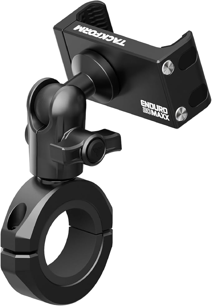 Tackform Black Motorcycle All Metal Phone Mount - 20MAXX Spring Cradle | Universal Clamp Fits 1-1/4" to 1-1/2" Handlebars | Aluminum | Compatible with iPhones, Galaxy Devices, More | Short Reach Arm