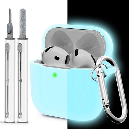 for Airpods 4th Case Cover, Come with Cleaner Kit,Soft Skin Silicone Case Cover with Keychain, Front LED Visibl, Full Protective Case，Compatible with AirPods 4th(Nightglow Blue)