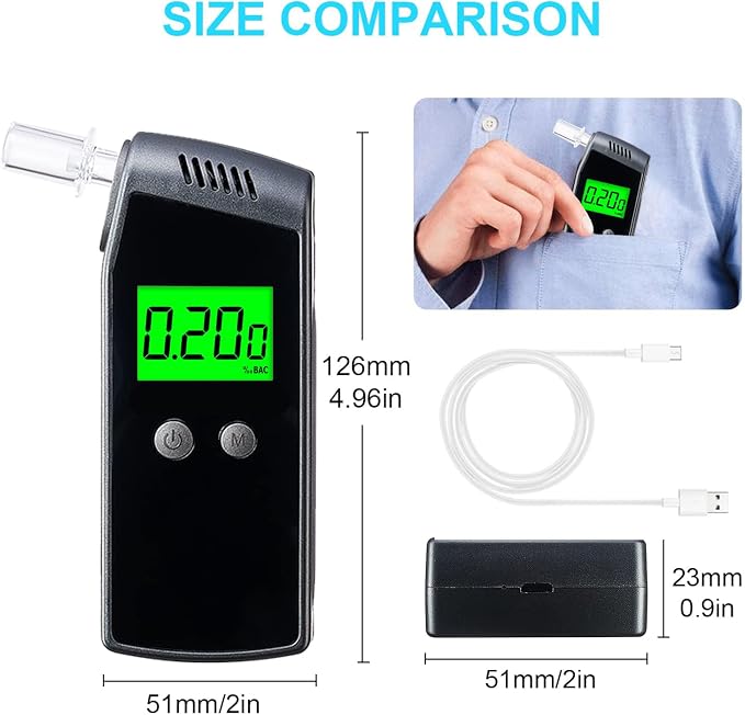 Breathalyzer, Home Alcohol Tester with LCD Digital Display,Portable Breathalyzer for Personal & Party Use with 10 Replaceable Mouthpieces（Black)