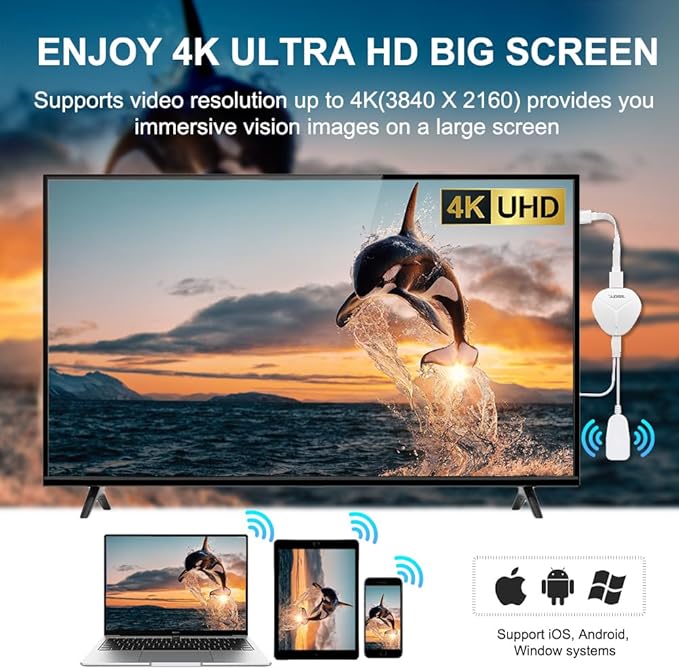 4K Wireless HDMI Display Adapter, SOCLLLife Screen Mirroring Dongle for i-Phone, i-Pad, Android, Windows, Laptop to HDTV/Projector/Monitor, Support Airplay, Miracast for Casting Video & Audio, White