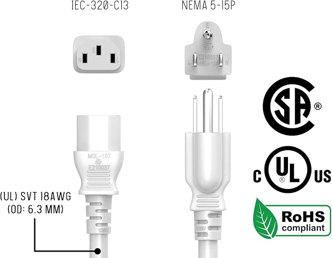 Cable Leader 2ft 14AWG Computer Power Cord, NEMA 5-15P to IEC C13 AC Power Cable, Heavy Duty 3-Prong Replacement Power Cord for PC, Monitor, Printer, Server & TV - White