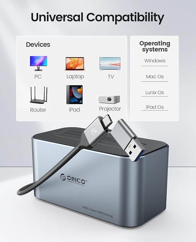 ORICO Hard Drive Docking Station Aluminum USB C to SATA 3.0 (6 Gbps) Hard Drive Enclosure for 2.5/3.5 Inch SSD HDD UASP Supported with 12V 2A Power Supply Max Up to 18TB (6616C3)