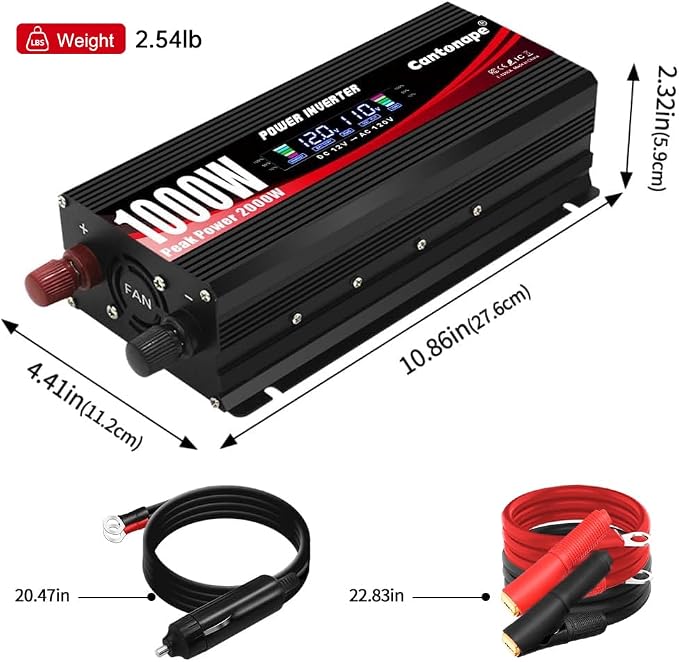 Cantonape 1000W Car Power Inverter DC 12V to 110V/120V AC Converter with LCD Display 2 AC Outlets, 3.0A USB and Type-C Car Inverter for RV Camping Laptop Truck Vehicle