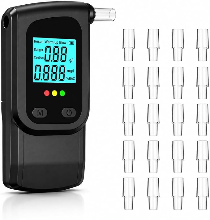Breathalyzer Alcohol Tester with 20 Mouthpieces, Portable BAC Tester with LCD Display, Personal Alcohol Breathalyzer for Home, Travel, Parties & Quick Alcohol Level Checks Before Driving | Quick BAC Reference Color-Coded Alerts One-Button Use Active Bl...