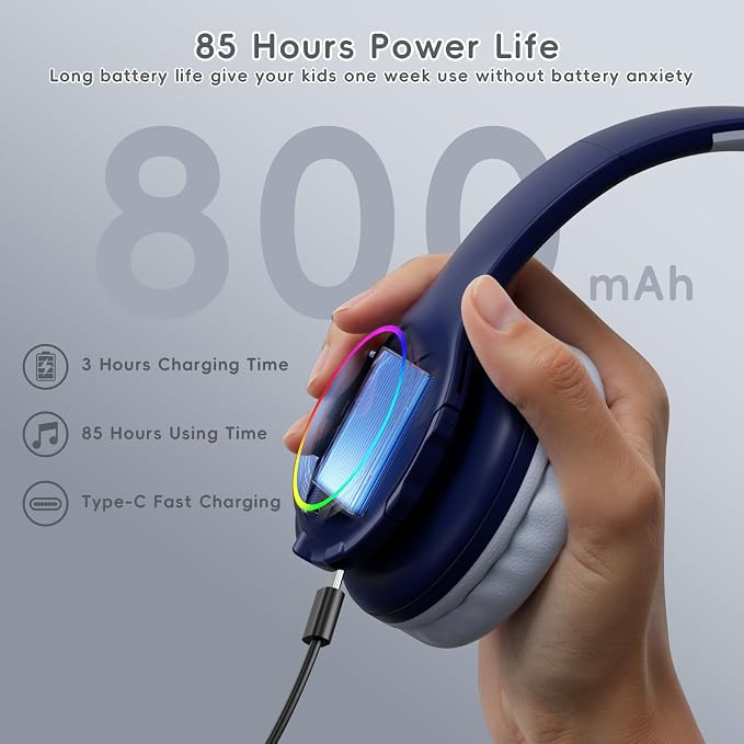 Candy Bila Kids Bluetooth 6.0 Headphones with LED Light, 85Hours Playtimes, Type-C Fast Charging, 85/94dB Volume Limited, Comfort Wireless Headphones with Built-in Mic, Wired & TF Card Mode, Navy Blue