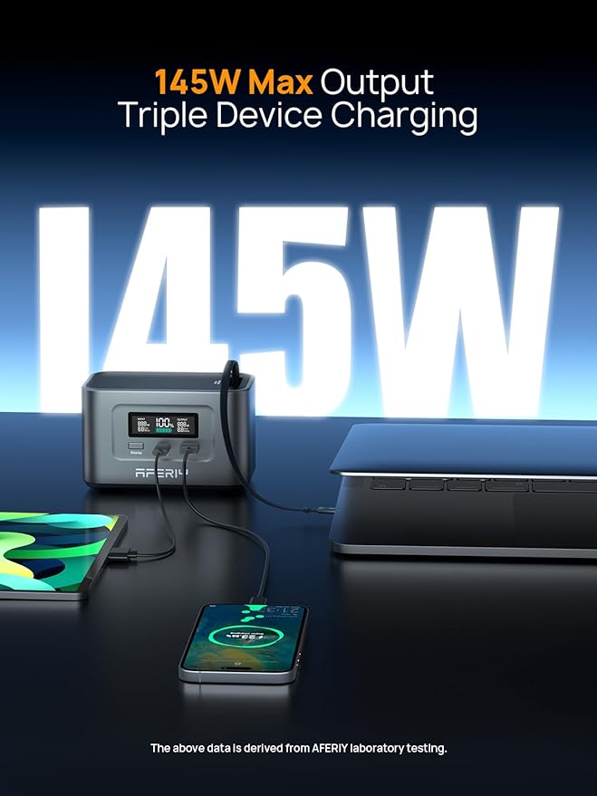 AFERIY 145W Portable Power Station with 99.2Wh/31000mAh, Dual USB-C PD3.0 Fast Charging, Solar Charging, TSA Approved, 6-in-1 Safety Protection, Ideal for Travel, Camping, and Emergencies